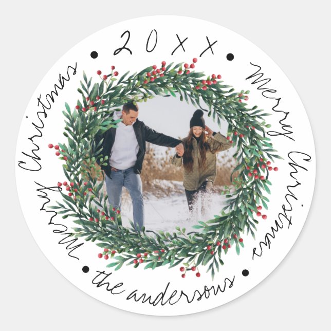 Adesivo Redondo  Feliz Natal Wreath Red Berries (Frente)