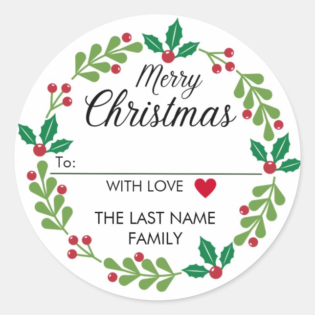 Adesivo Redondo Feliz Natal Wreath Stickers com Heart To From (Frente)
