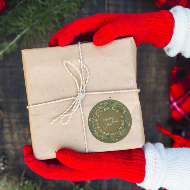 Adesivo Redondo Feliz Natal Wreath Verde Madeira Mostarda de Madei (Merry Christmas Green Wreath Woodland Wood Mustard Classic Round Sticker)