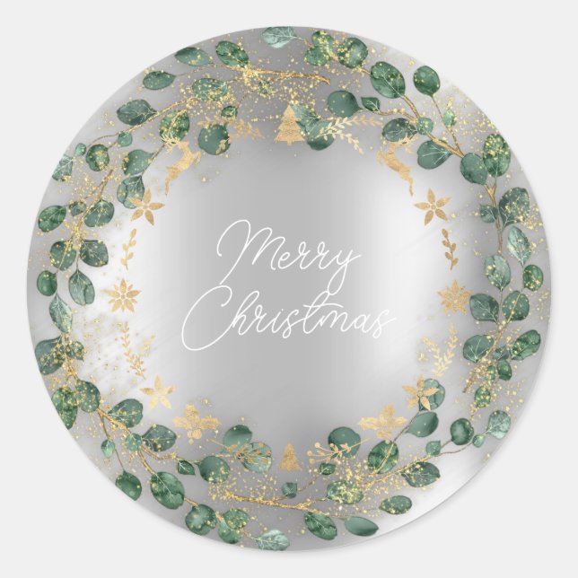 Adesivo Redondo Feliz Natal Wreath Verde Woodland Silver (Frente)