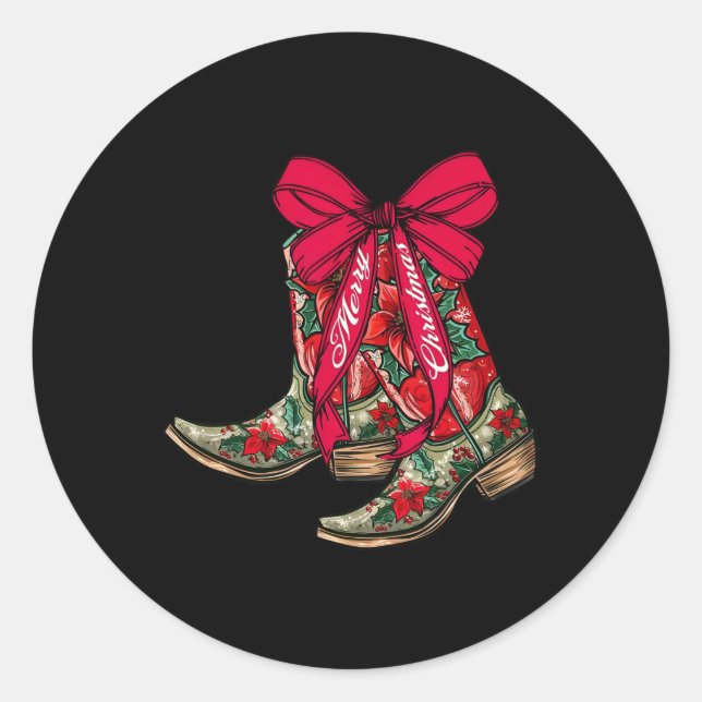 Adesivo Redondo Feliz Natal Xmas Cowboy Boots Coquette Arco Paj (Frente)
