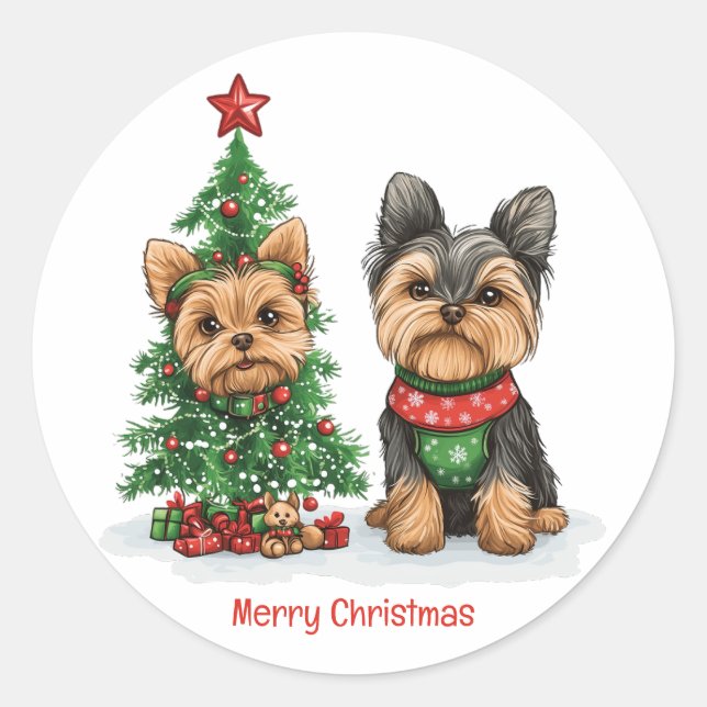 Adesivo Redondo Feliz Natal Yorkie Dogs (Frente)