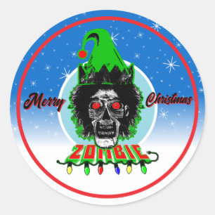 Adesivo Redondo Feliz Natal Zumbi Círculo Azul