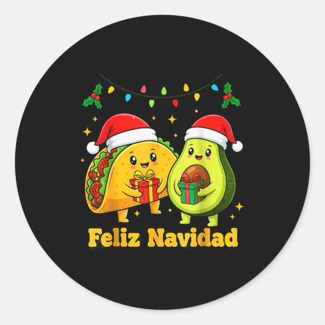 Adesivo Redondo Feliz Navidad Avocado Tacos Mexican Xmas Family Ma (Frente)