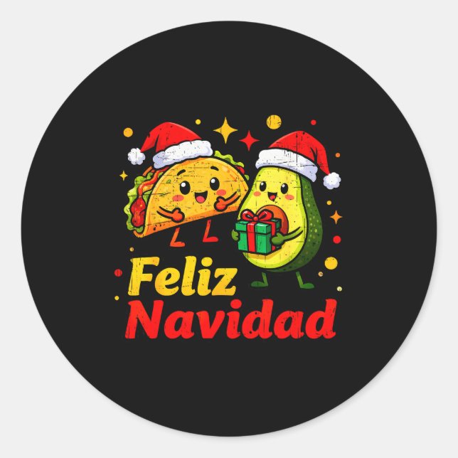 Adesivo Redondo Feliz Navidad Avocado Tacos Mexican Xmas Family Ma (Frente)