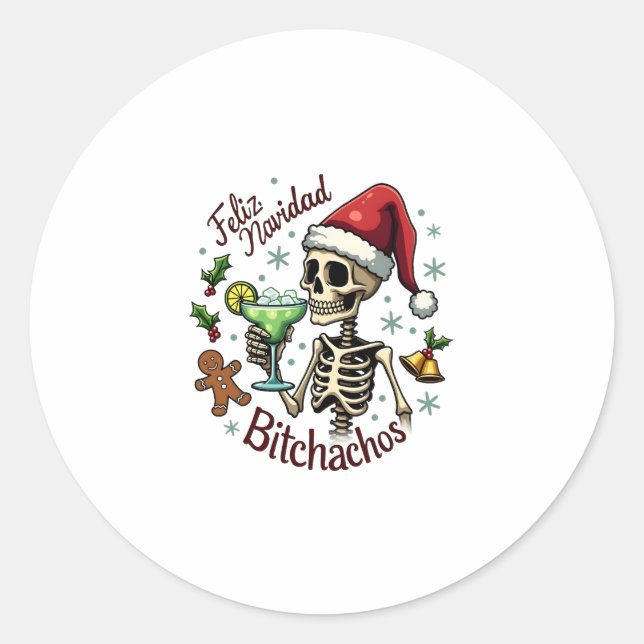 Adesivo Redondo Feliz Navidad Bitchachos Funny Skull Spanish Merry (Frente)