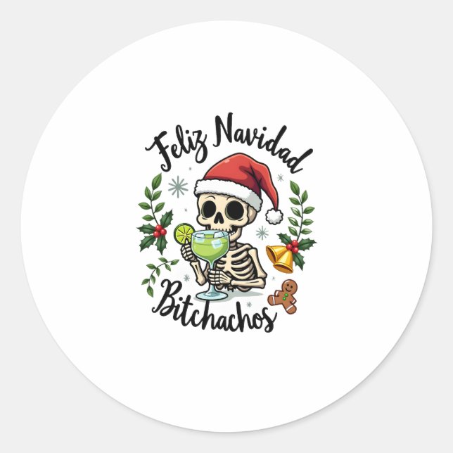 Adesivo Redondo Feliz Navidad Bitchachos Funny Skull Spanish Merry (Frente)