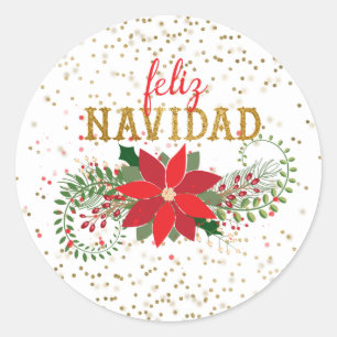 Adesivo Redondo Feliz Navidad Dourada Glitter Poinsettia