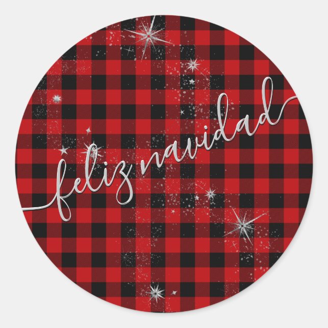 Adesivo Redondo Feliz Navidad Guión Plateado Moderno e Tartán Rojo (Frente)