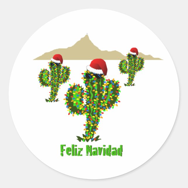 Adesivo Redondo Feliz Navidad - Luzes Saguaro de Natal Arizona (Frente)