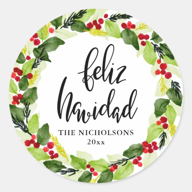 Adesivo Redondo Feliz Navidad Script Red Berry Wreath (Frente)