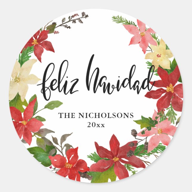 Adesivo Redondo Feliz Navidad Script Red Poinsettia Floral Wreath (Frente)