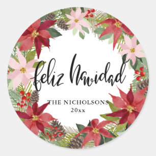 Adesivo Redondo Feliz Navidad Script Red Poinsettia Wreath