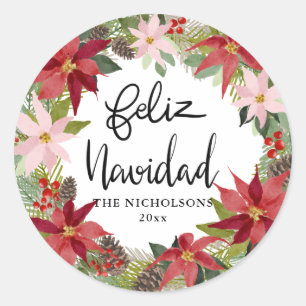 Adesivo Redondo Feliz Navidad Script Red Poinsettia Wreath Classic