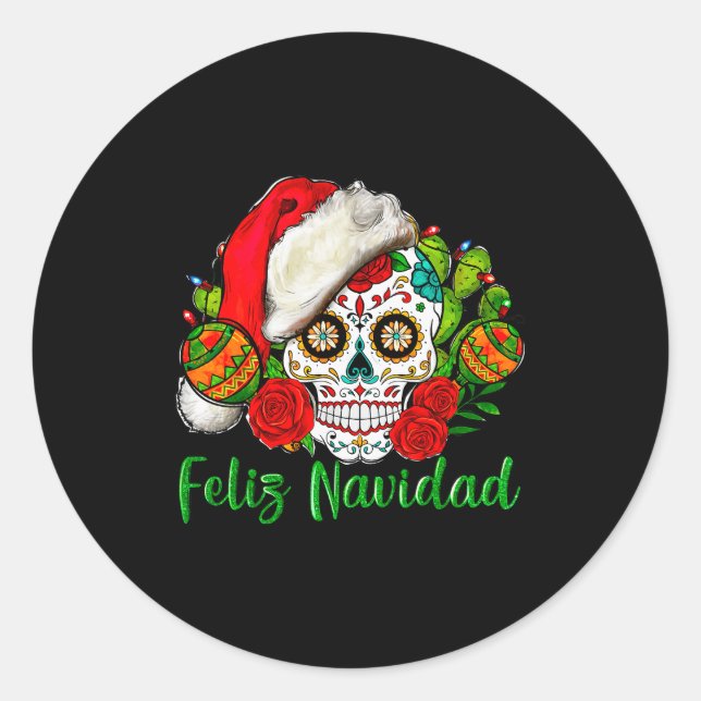 Adesivo Redondo Feliz Navidad Sugar Skull Mexican Christmas  (Frente)