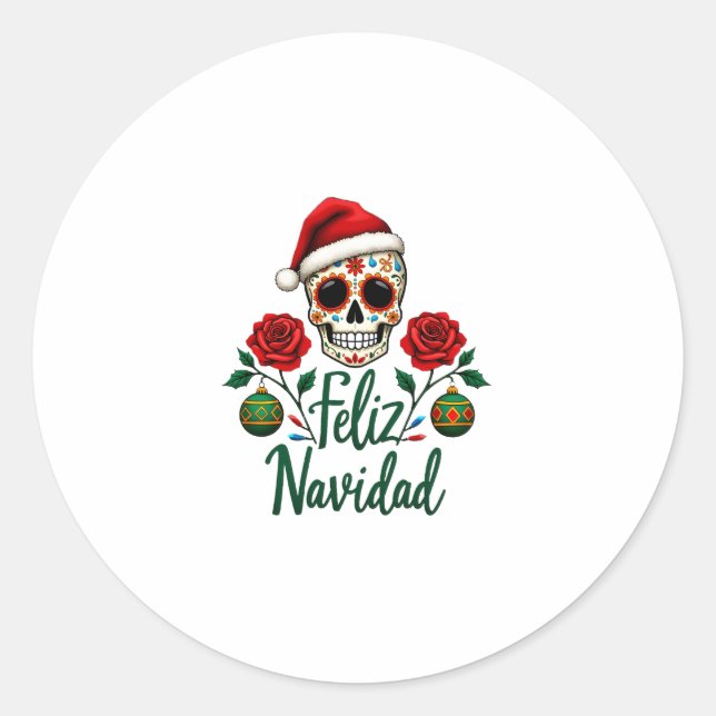 Adesivo Redondo Feliz Navidad Sugar Skull Mexican Christmas T-Shir (Frente)