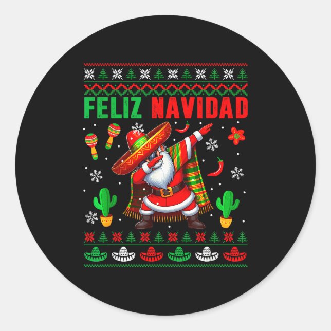Adesivo Redondo Feliz Navidad Xmas Sweater Santa Sombrero Dabbing  (Frente)