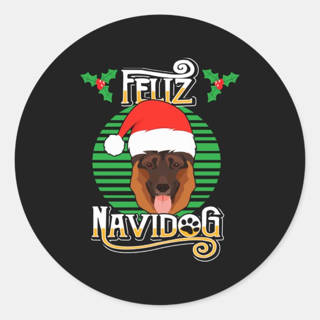 Adesivo Redondo Feliz Navidog German Shepherd Dog Holiday Merry Ch (Frente)