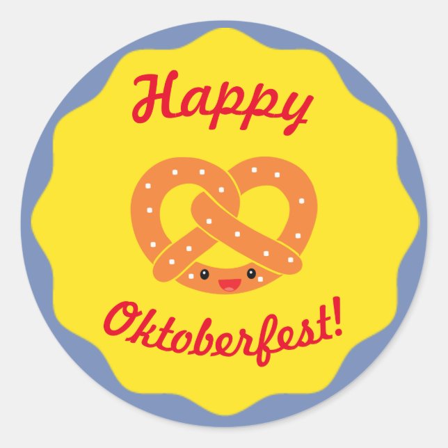 Adesivo Redondo "Feliz Oktoberfest!" Vinheta com Pretzel sorrident (Frente)
