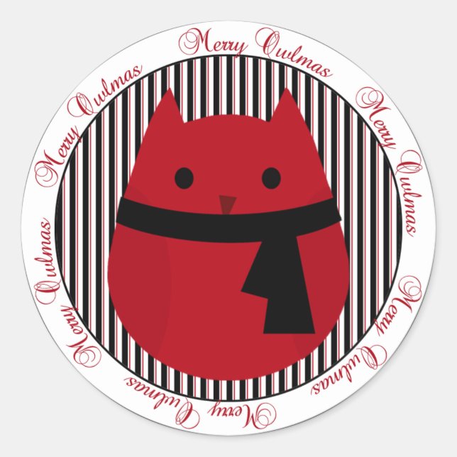 Adesivo Redondo Feliz Owlmas Red Black Christmas Sticker (Frente)