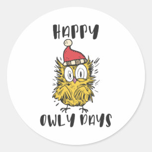 Adesivo Redondo Feliz Owly Days Engraçado Papai noel Coruja