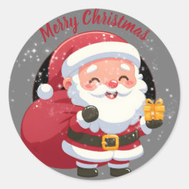 Adesivo Redondo Feliz Papai noel de Natal com presente em preto e