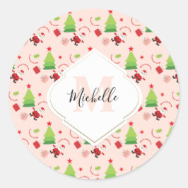 Adesivo Redondo Feliz Papai noel de Natal, Estrelas, Árvore