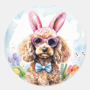 Adesivo Redondo Feliz Páscoa Cachorro Poodle Aquarela Coelho Fofo