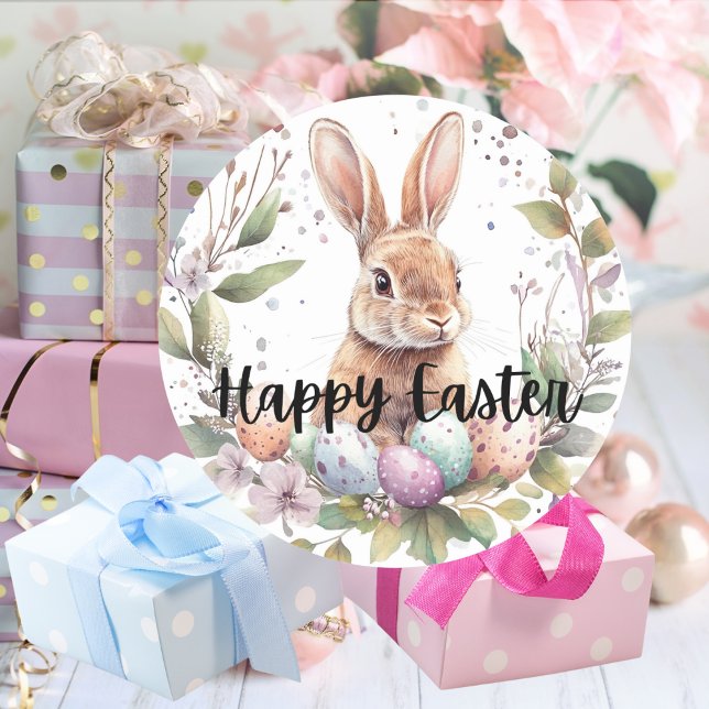 Adesivo Redondo Feliz Páscoa Coelhinho Fofo (Happy Easter Cute Bunny Classic Round Sticker Mockup 1)