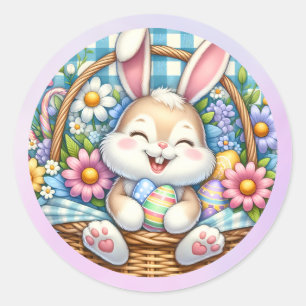 Adesivo Redondo Feliz Páscoa Com Coelhinho Fofo, Ovos e Floral