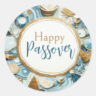 Adesivo Redondo Feliz Páscoa Prato Seder de Ágata Azul Dourada