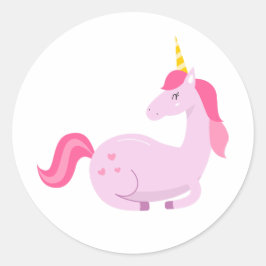 Adesivo Redondo Feliz Pastel Púrpura Unicórnio, Corações Rosa e Ca