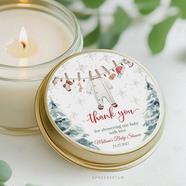 Adesivo Redondo Feliz pequeno Chá de fraldas (Merry Little Baby Shower, sticker favor tags, holiday baby shower, Christmas baby shower, winter bab)