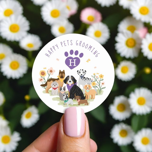 Adesivo Redondo Feliz Pet Family Pet Care & Grooming Monograma (Happy Pet Family Pet Care & Grooming Monogram Classic Round Sticker)