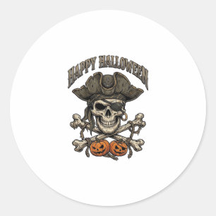 Adesivo Redondo Feliz Pirata de Halloween Caveira Ossos Cruzados A