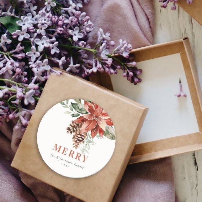 Adesivo Redondo Feliz Poinsettia Bunch Watercolor Pine Natal (Criador carregado)