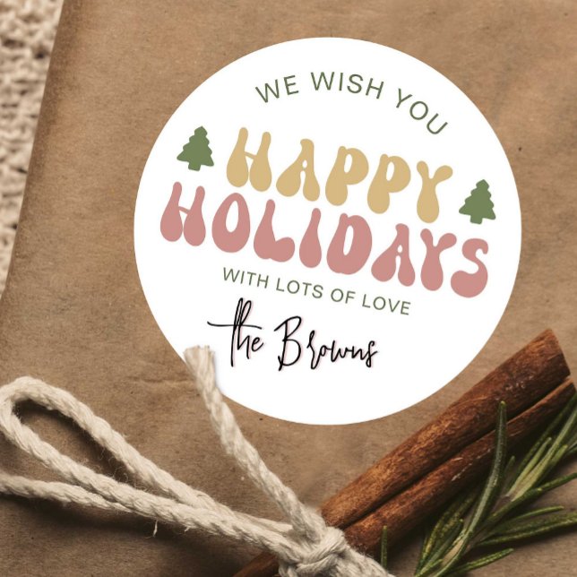 Adesivo Redondo Feliz presente de Natal no Groovy Retro (Add a bit of nostalgia to your gift wrapping with this retro colorful Happy Holidays sticker)
