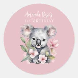 Adesivo Redondo Feliz Primeiro Aniversário Koala Aquarela