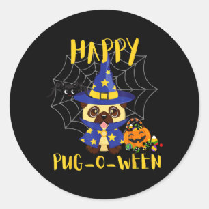 Adesivo Redondo Feliz Pug-O-Ween Cachorro Engraçado Pug Halloween