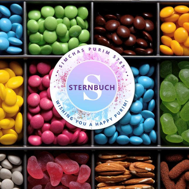 Adesivo Redondo Feliz Purim Aquarela Lítio Azul Monograma Clas (Criador carregado)