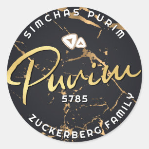Adesivo Redondo Feliz Purim Marble Dourado Mishloach Manos Classic