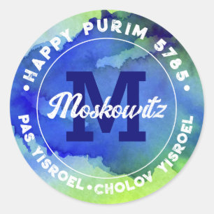 Adesivo Redondo Feliz Purim Watercolor Monograma Kosher Info Class