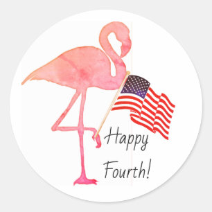 Adesivo Redondo Feliz Quatro de Julho Flamingo Bandeira dos EUA