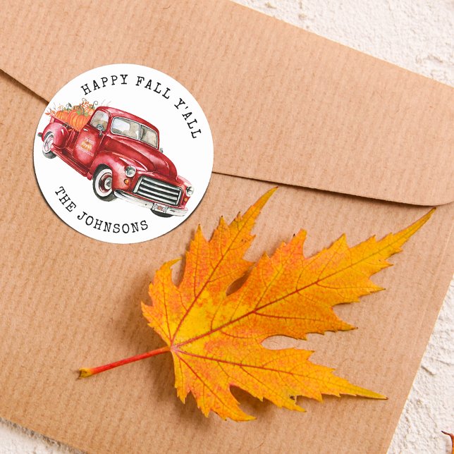 Adesivo Redondo Feliz Queda Todos Vocês Pumpkins Red Truck (Happy Fall Y'all Red Truck Pumpkins Square Sticker)
