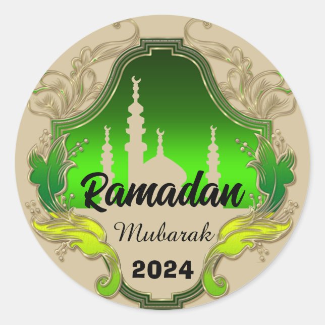 Adesivo Redondo Feliz Ramadan Mubarak Kareem personalizado em 2024 (Frente)