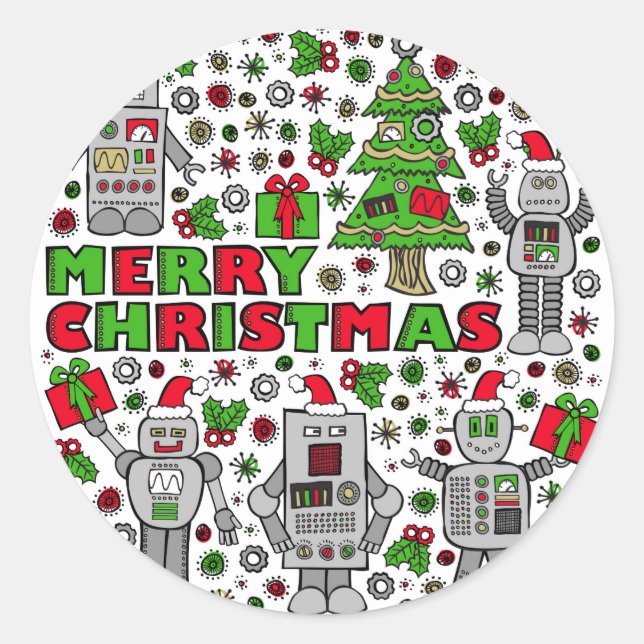 Adesivo Redondo Feliz Robôs de Natal (Frente)