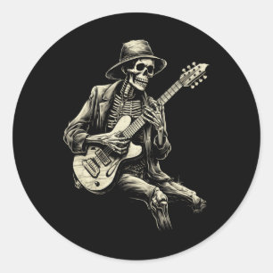 Adesivo Redondo Feliz Skeleton Guitar Cara Spookie Halloween Rock