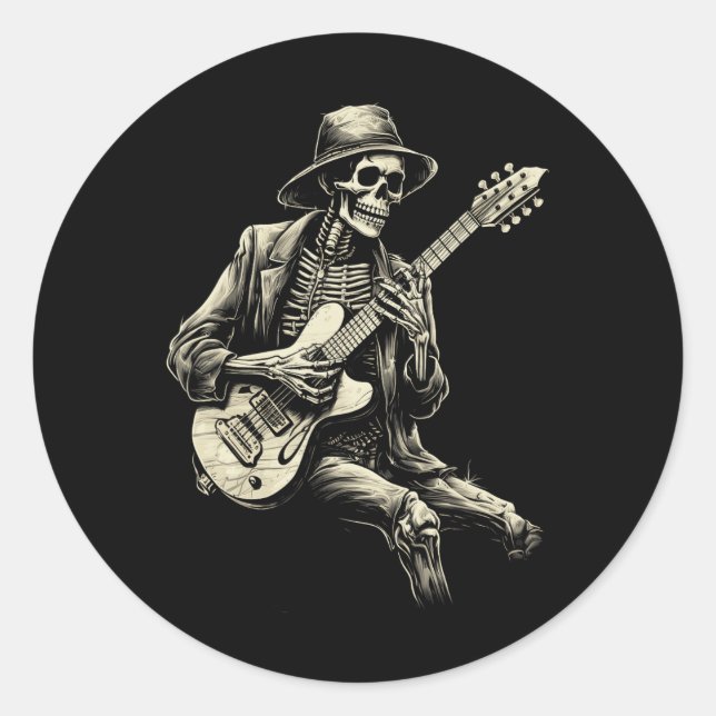 Adesivo Redondo Feliz Skeleton Guitar Cara Spookie Halloween Rock  (Frente)