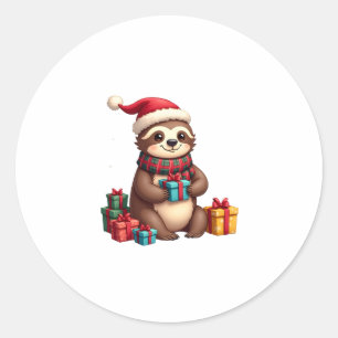 Adesivo Redondo Feliz Slothmas adorável preguiça de Natal chapéu d