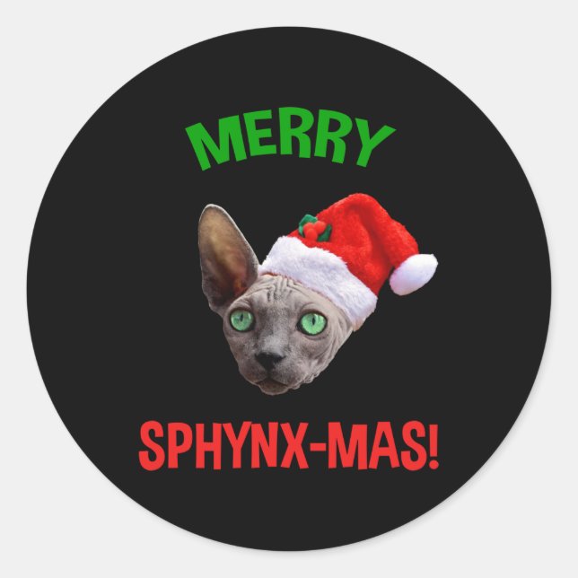 Adesivo Redondo Feliz Sphynx-Mas Engraçado Natal Esphynx Cat Lover (Frente)